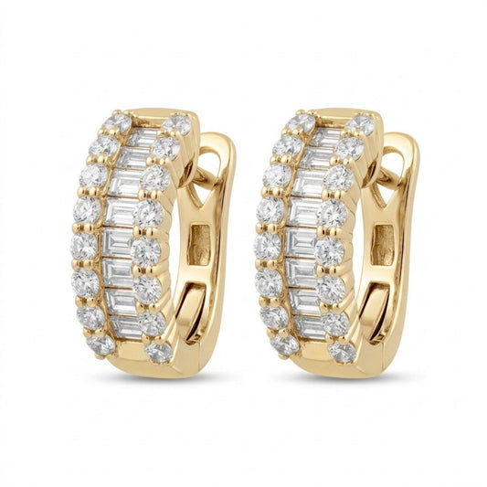 14K 0.75cttw Baguette & Round White Diamonds Huggie Earrings