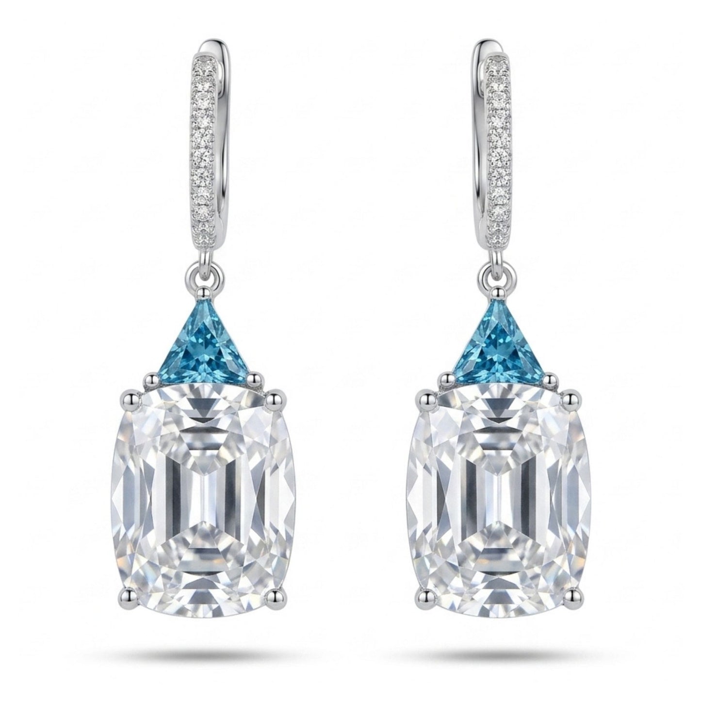 14K 20.80cttw Cushion White Zircon 1.08cttw Trilliant Blue Zircon 0.17cttw White Diamonds Drop Earrings