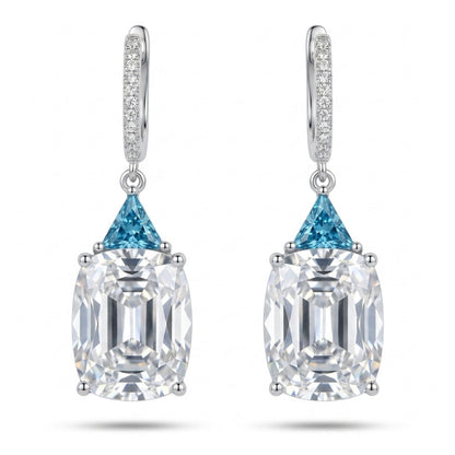 14K 20.80cttw Cushion White Zircon 1.08cttw Trilliant Blue Zircon 0.17cttw White Diamonds Drop Earrings