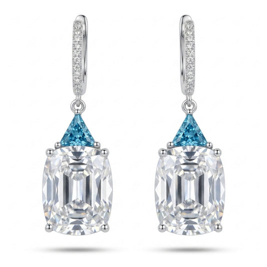 14K 20.80cttw Cushion White Zircon 1.08cttw Trilliant Blue Zircon 0.17cttw White Diamonds Drop Earrings