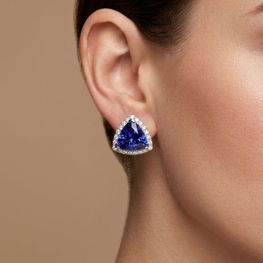 14K 12.04cttw Trilliant Blue Wing Tanzanite 0.92cttw White Diamonds Stud Earrings