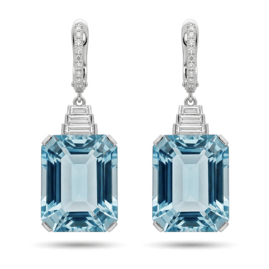 14K gold emerald cut Santa Maria aquamarine drop earrings with VS white diamonds