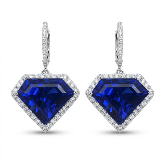18K 23.58cttw Fancy Cut Blue Wing Tanzanite 1.00cttw VS White Diamonds Drop Earrings