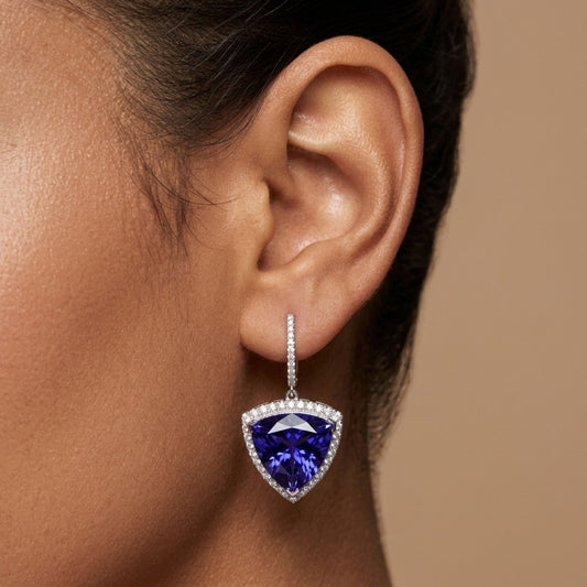 18K 26.10cttw Trilliant Blue Wing Tanzanite 1.00cttw VS White Diamonds Drop Earrings