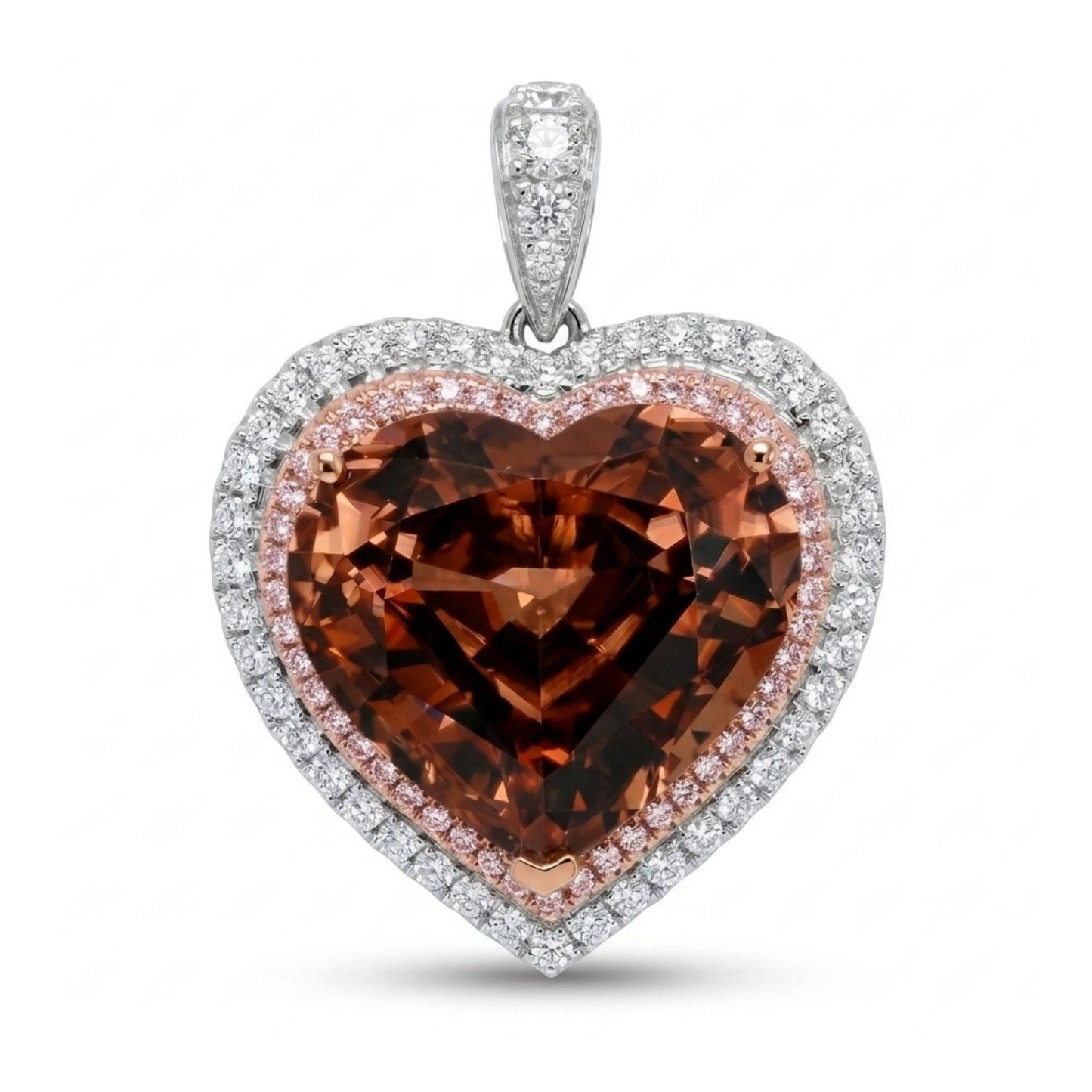 14K 28.92cttw Heart Shape Pink Zircon 1.40cttw Pink & White Diamonds Pendant