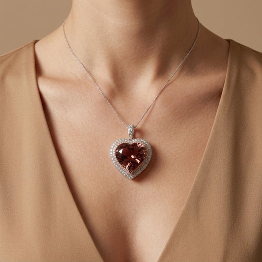 14K 28.92cttw Heart Shape Pink Zircon 1.40cttw Pink & White Diamonds Pendant