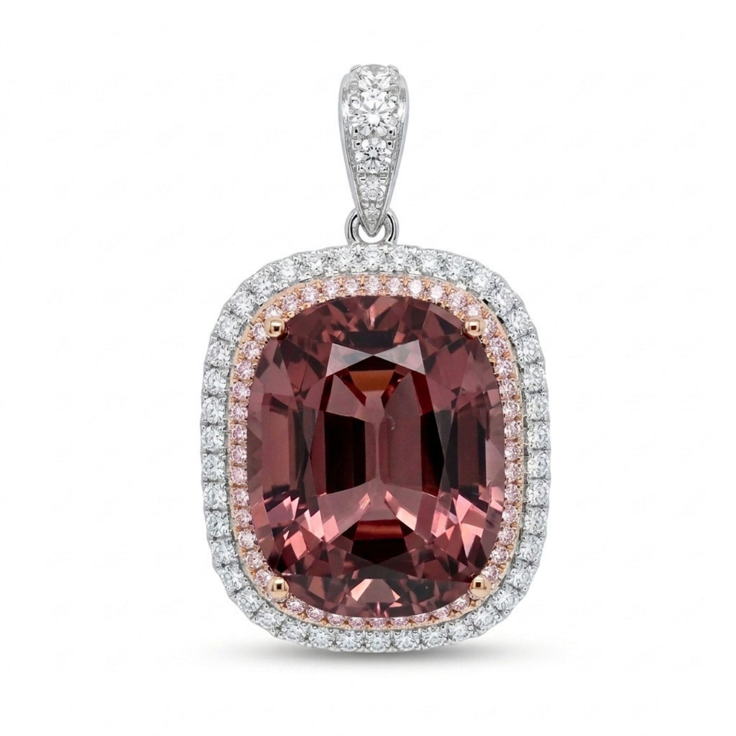14K 32.63ct Cushion Pink Zircon 1.38cttw Pink & White Diamonds Pendant