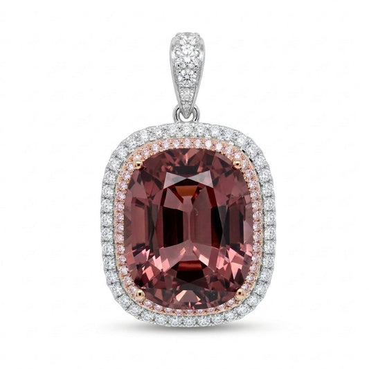 14K 32.63ct Cushion Pink Zircon 1.38cttw Pink & White Diamonds Pendant