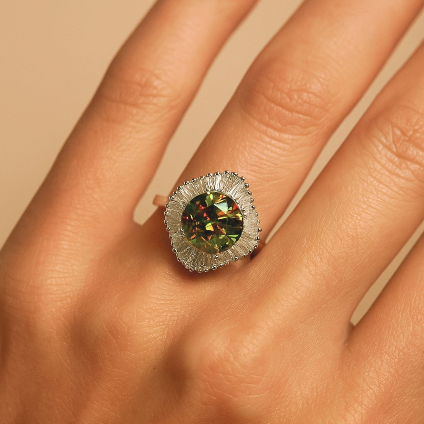 14K 3.65cttw Round Color Change Sphene 0.67cttw Tapered Baguette White Diamond Ring