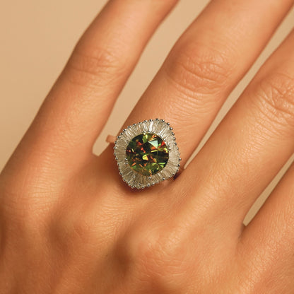 14K 3.65cttw Round Color Change Sphene 0.67cttw Tapered Baguette White Diamond Ring