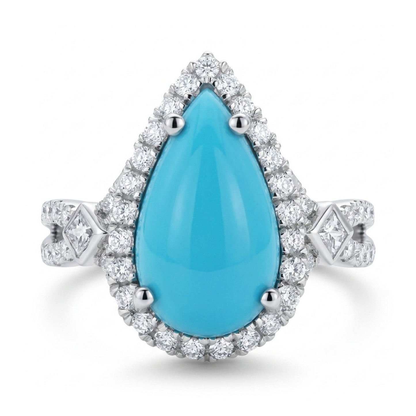 14K gold pear shape Sleeping Beauty turquoise ring with white diamonds