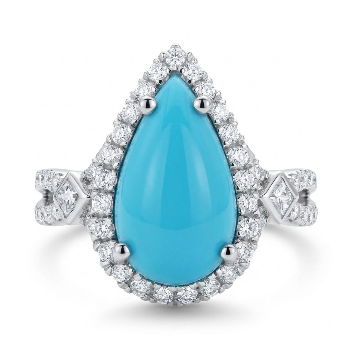 14K gold pear shape Sleeping Beauty turquoise ring with white diamonds