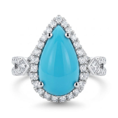 14K gold pear shape Sleeping Beauty turquoise ring with white diamonds