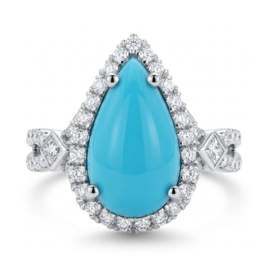 14K 2.16ct Pear Shape Sleeping Beauty Turquoise 0.44cttw White Diamonds Ring