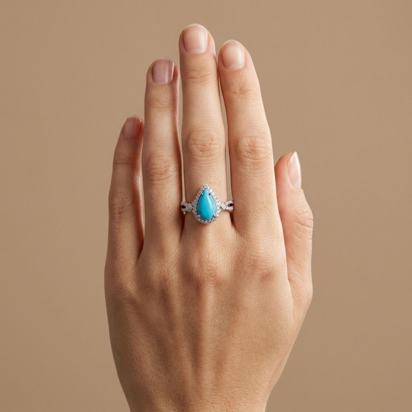 14K gold pear shape Sleeping Beauty turquoise ring with white diamonds
