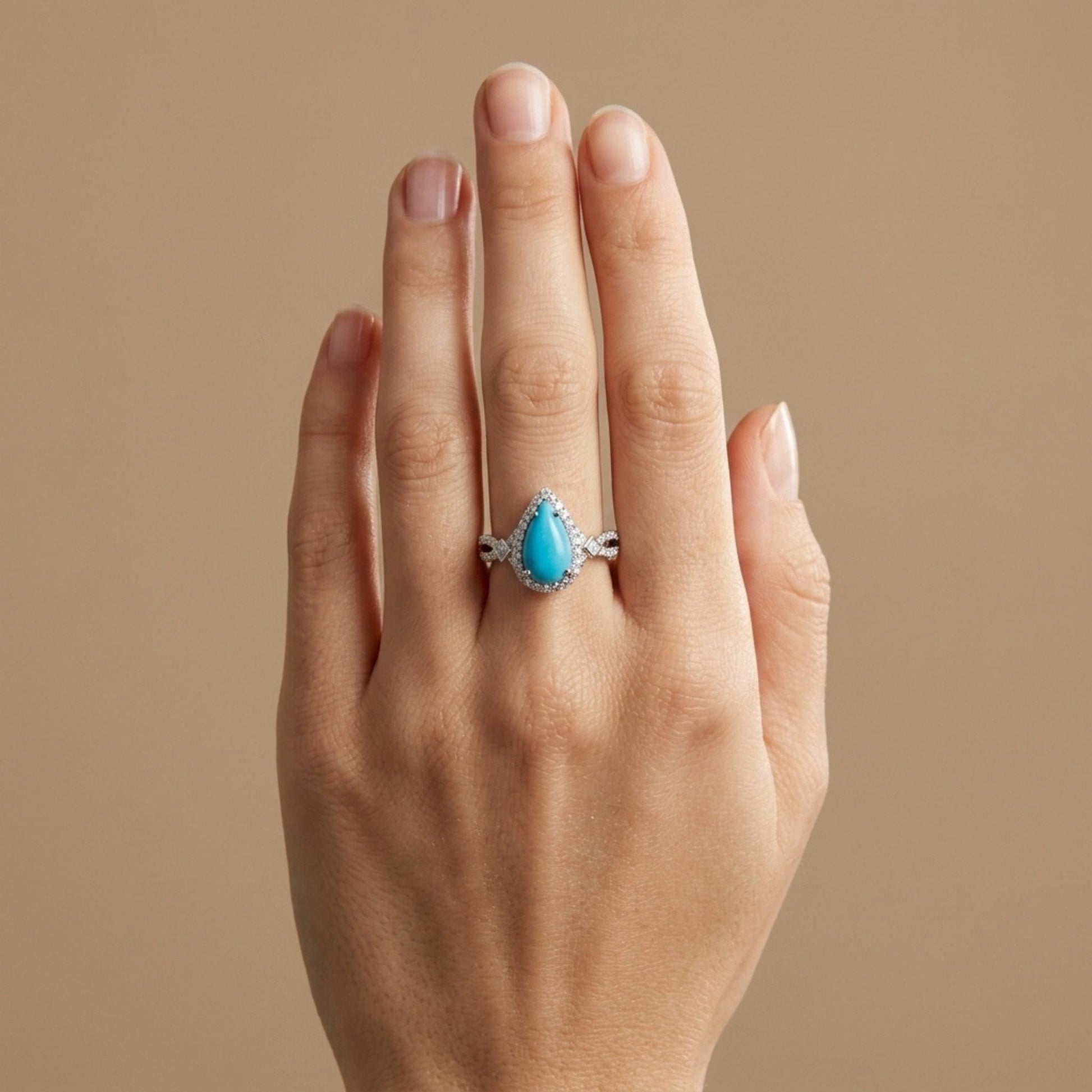 14K gold pear shape Sleeping Beauty turquoise ring with white diamonds