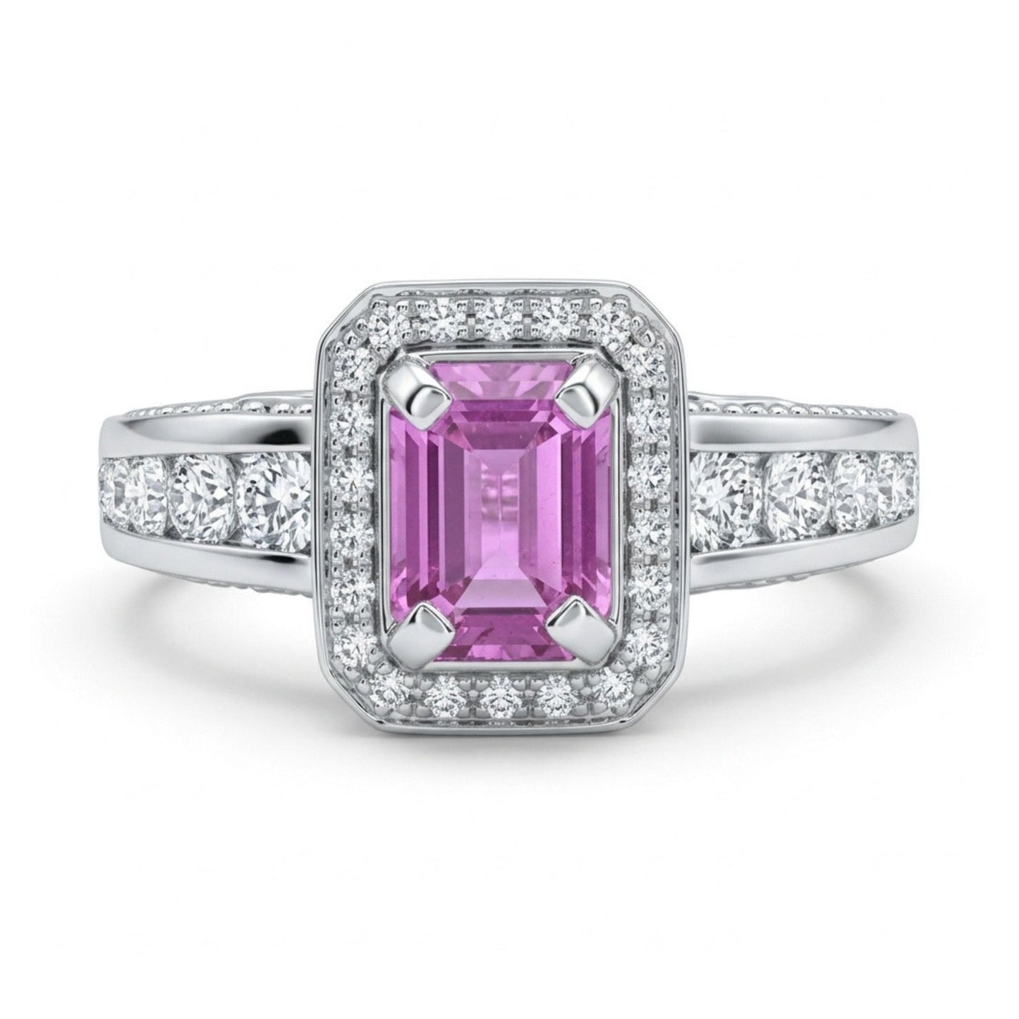 18K 1.09ct Emerald Cut Unheated Pink Sapphire 0.99cttw White Diamonds Ring