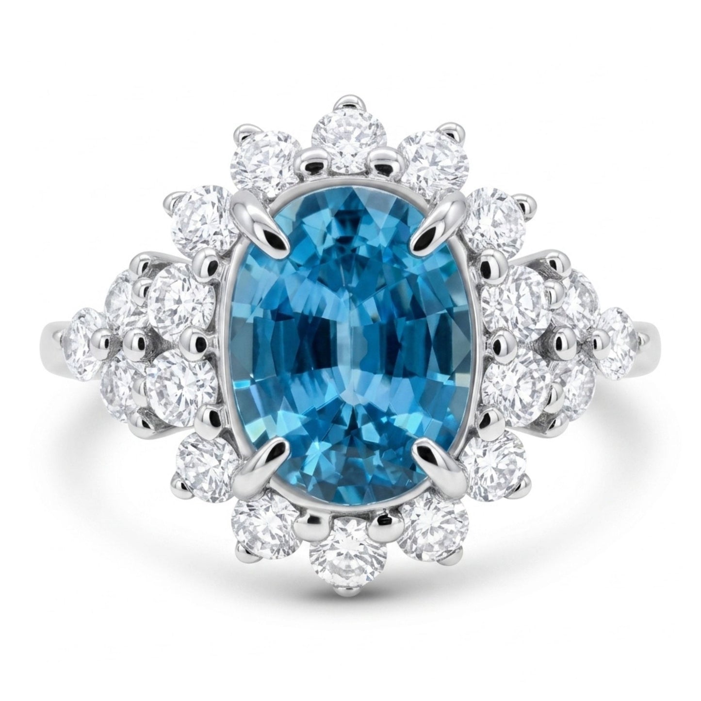 14K 1.75ct Oval Blue Zircon 0.70cttw VS White Diamonds Ring