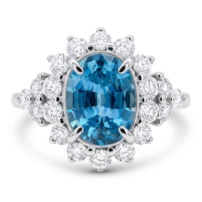 14K 1.75ct Oval Blue Zircon 0.70cttw VS White Diamonds Ring