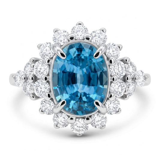 14K 1.75ct Oval Blue Zircon 0.70cttw VS White Diamonds Ring
