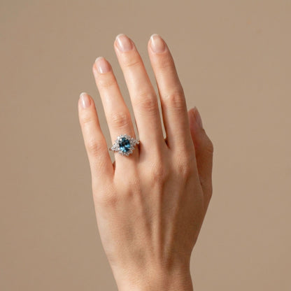 14K 1.75ct Oval Blue Zircon 0.70cttw VS White Diamonds Ring
