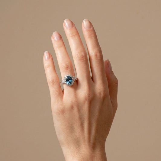 14K 1.75ct Oval Blue Zircon 0.70cttw VS White Diamonds Ring
