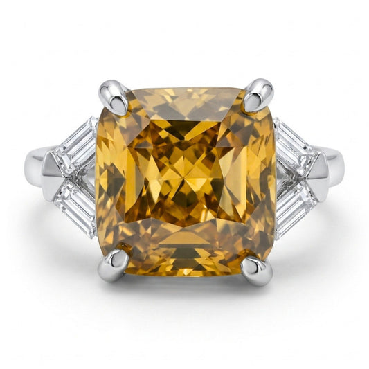 14K 11.85ct Cushion Yellow Zircon 0.35cttw Baguette Cut White Diamonds Ring