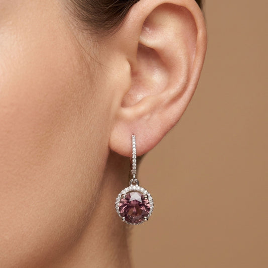 14K 12.52cttw Round Pink Zircon 0.72cttw VS White Diamonds Drop Earrings
