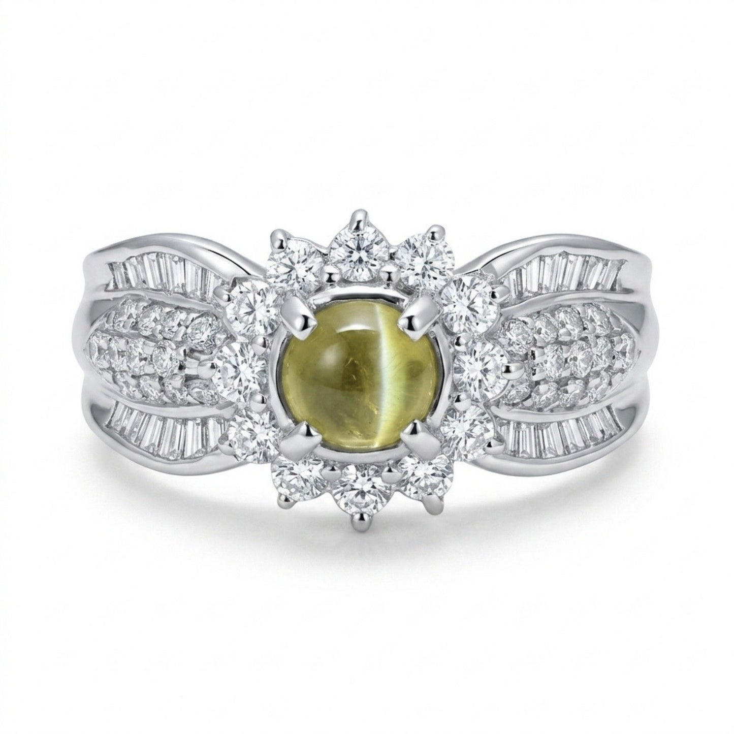Platinum 0.80ct Round Cat's Eye Chrysoberyl 0.70cttw White Diamonds Ring