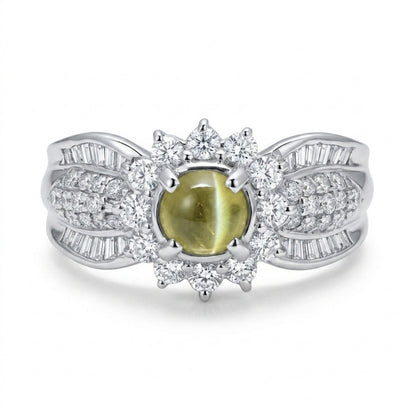 Platinum 0.80ct Round Cat's Eye Chrysoberyl 0.70cttw White Diamonds Ring
