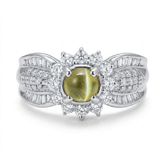 Platinum 0.80ct Round Cat's Eye Chrysoberyl 0.70cttw White Diamonds Ring