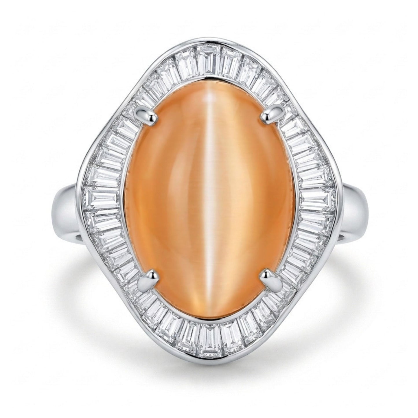 Platinum 9.57ct Oval Cat's Eye Moonstone 1.85cttw Tapered Baguette White Diamond Ring