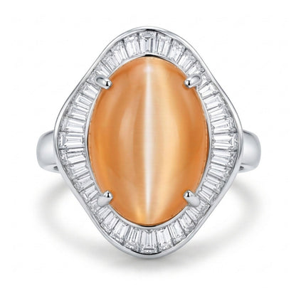 Platinum 9.57ct Oval Cat's Eye Moonstone 1.85cttw Tapered Baguette White Diamond Ring