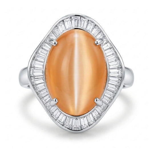 Platinum 9.57ct Oval Cat's Eye Moonstone 1.85cttw Tapered Baguette White Diamond Ring