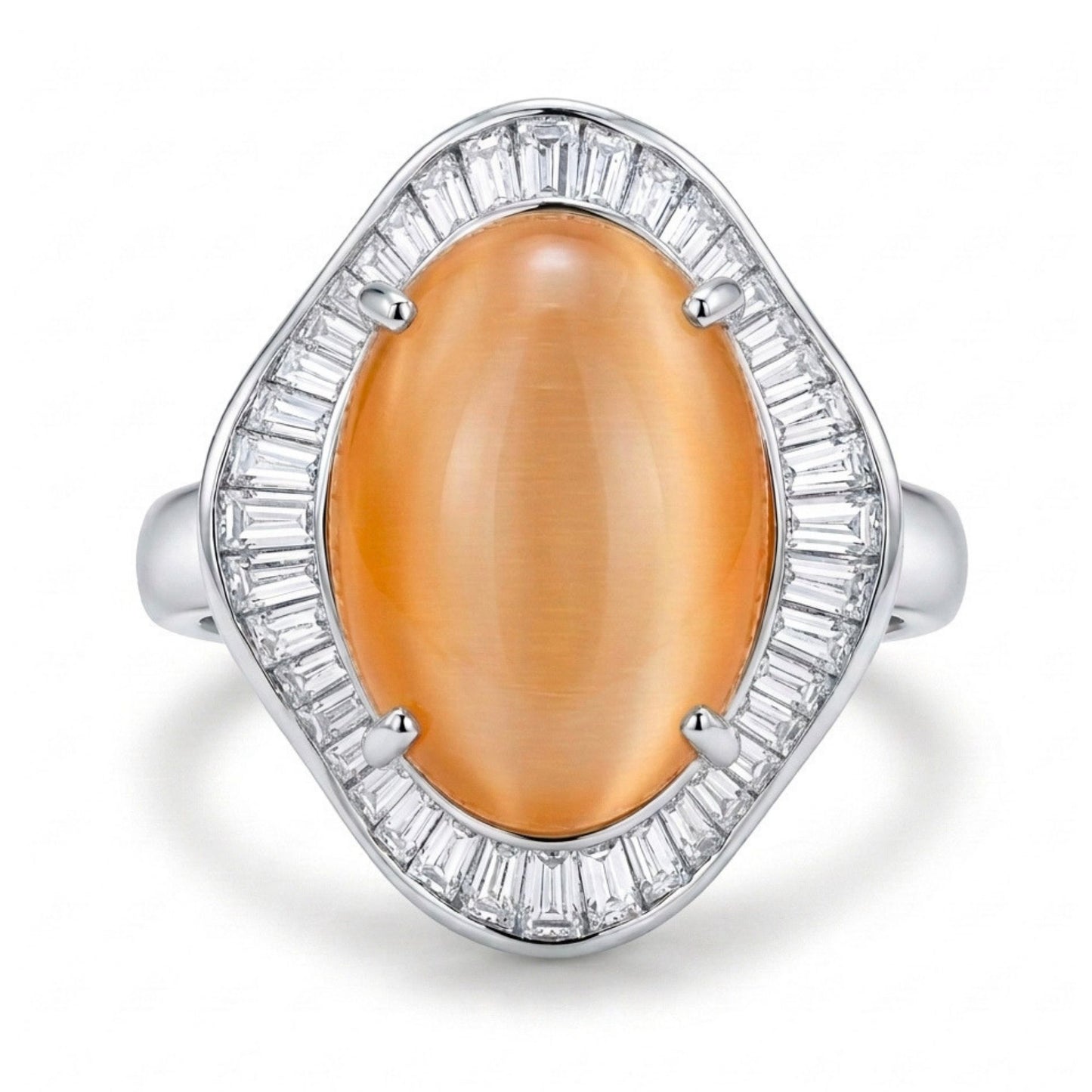 Platinum 9.57ct Oval Cat's Eye Moonstone 1.85cttw Tapered Baguette White Diamond Ring