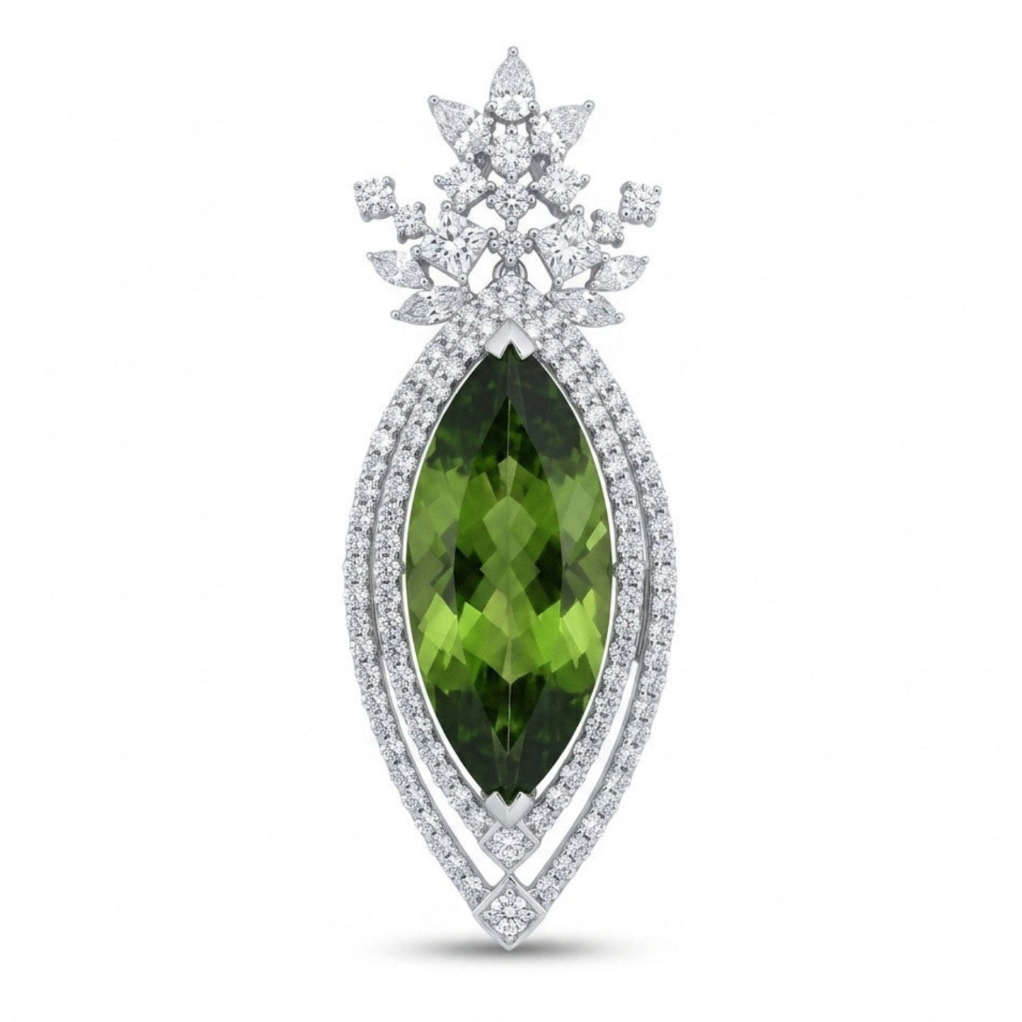 18K 24.55ct Marquise Peridot 4.59cttw White Diamonds Brooch