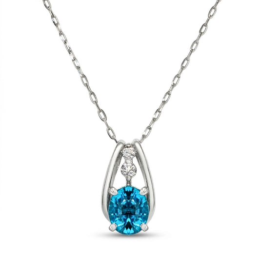 Platinum 1.30ct Oval Blue Zircon 0.03cttw White Diamonds Designer Necklace