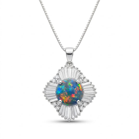 Platinum 1.82ct Round Black Opal 1.87cttw White Diamonds Necklace