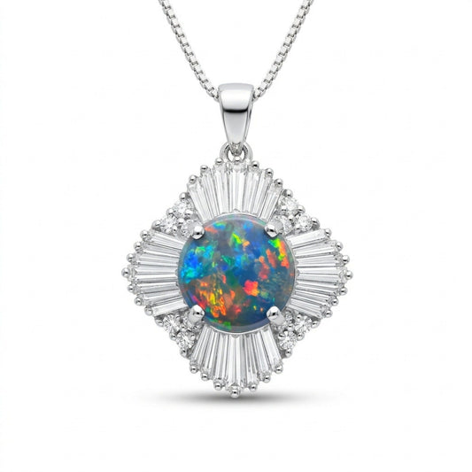 Platinum 1.82ct Round Black Opal 1.87cttw White Diamonds Necklace