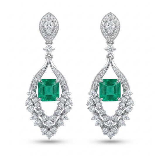 Platinum 1.98cttw Emerald Cut Colombian Emerald 1.50cttw White Diamonds Drop Earrings