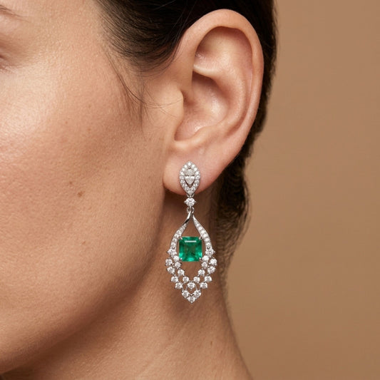 Platinum 1.98cttw Emerald Cut Colombian Emerald 1.50cttw White Diamonds Drop Earrings