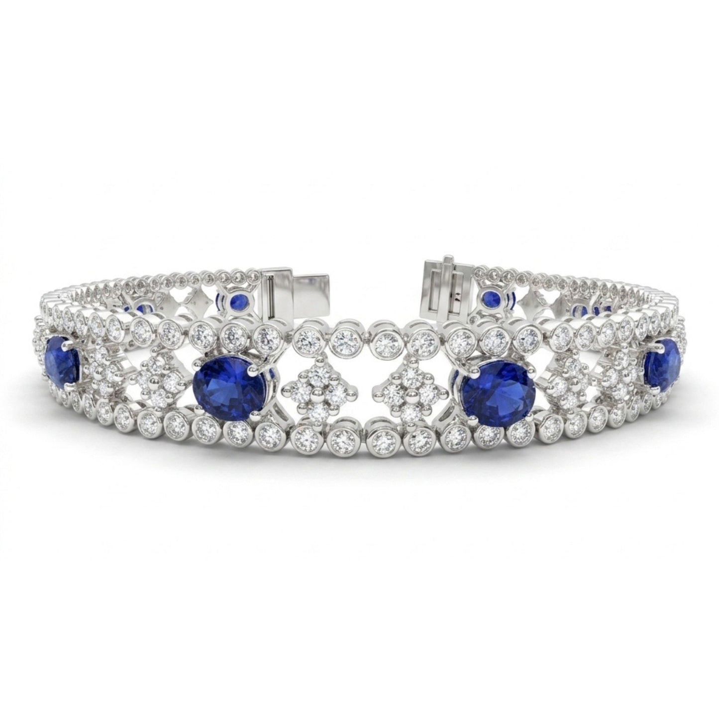 Platinum 5.30cttw Oval Blue Sapphire 3.02cttw White Diamonds Bracelet
