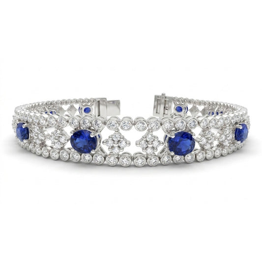 Platinum 5.30cttw Oval Blue Sapphire 3.02cttw White Diamonds Bracelet