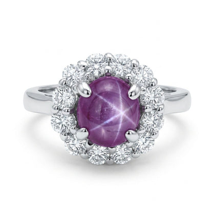 14K 2.16ct Oval Unheated Star Sapphire 0.62cttw White Diamonds Ring