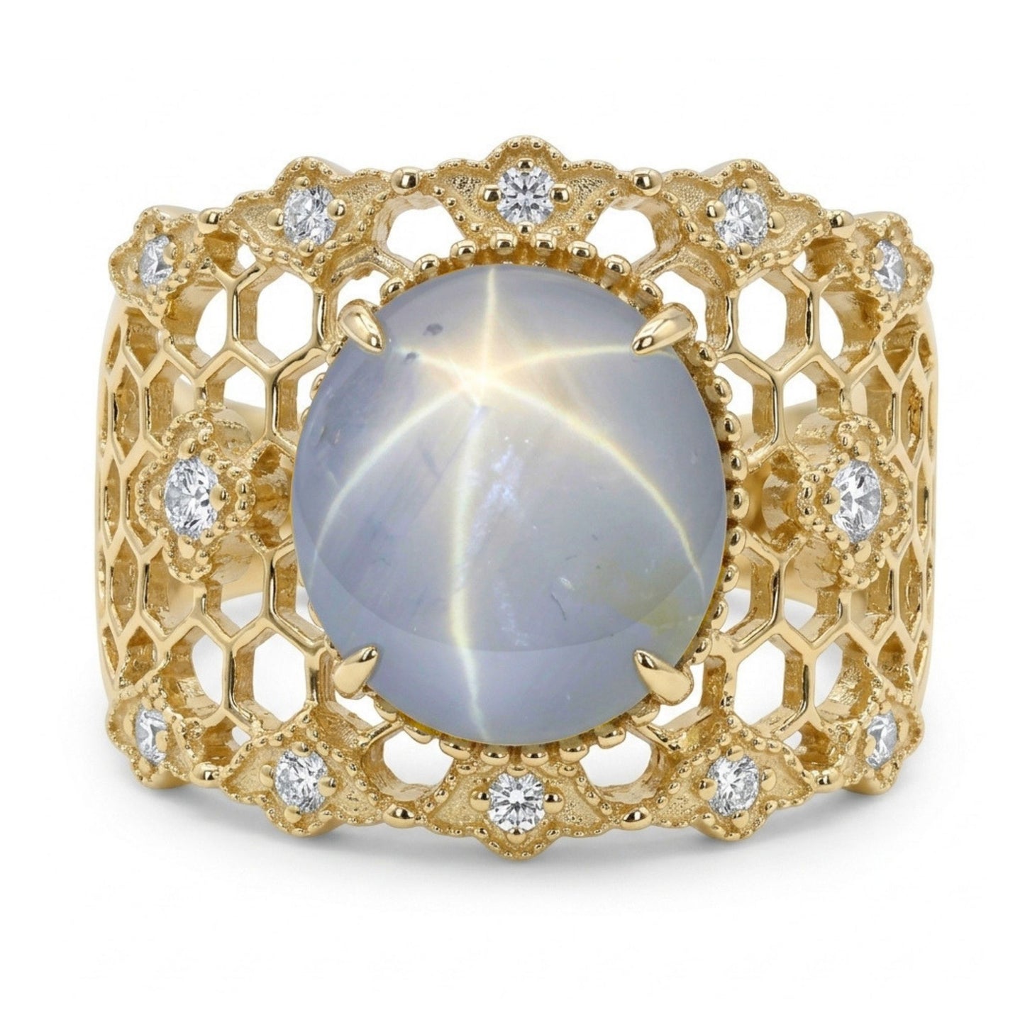 14K 4.66ct Oval Unheated Star Sapphire 0.29cttw White Diamonds Ring