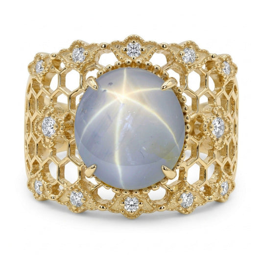 14K 4.66ct Oval Unheated Star Sapphire 0.29cttw White Diamonds Ring