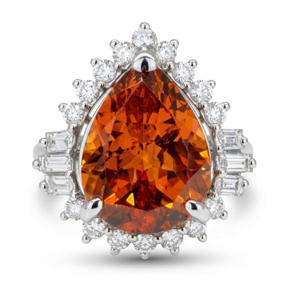 14K 6.11ct Pear Shape Mandarin Garnet 0.50cttw White Diamonds Ring