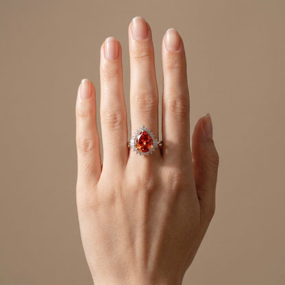 14K 6.11ct Pear Shape Mandarin Garnet 0.50cttw White Diamonds Ring
