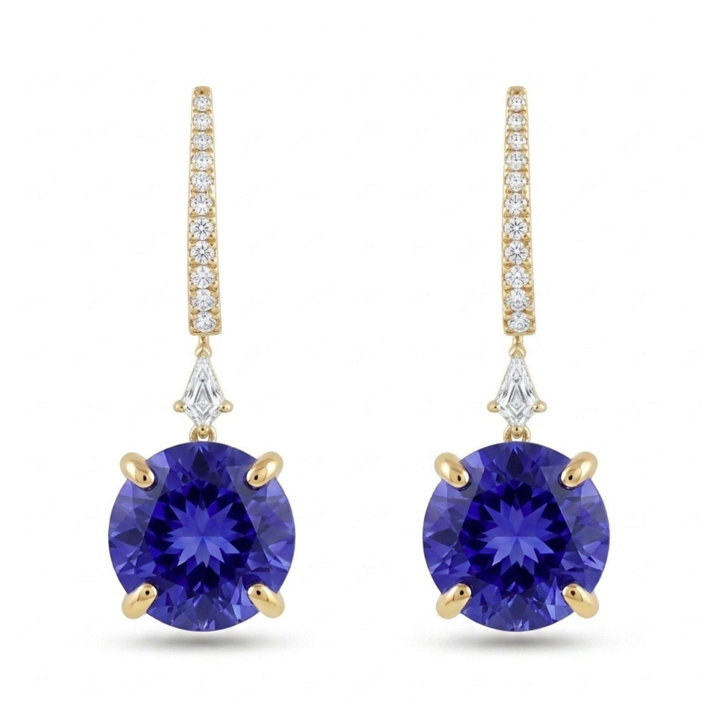 18K 10.72cttw Round Blue Wing Tanzanite 0.18cttw White Diamonds Drop Earrings