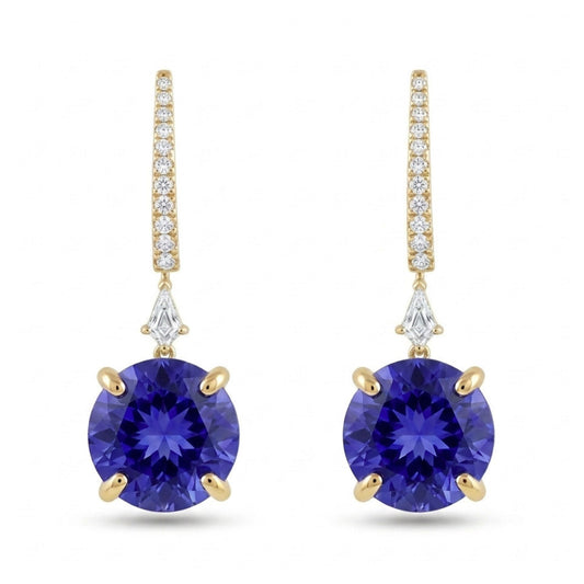 18K 10.72cttw Round Blue Wing Tanzanite 0.18cttw White Diamonds Drop Earrings